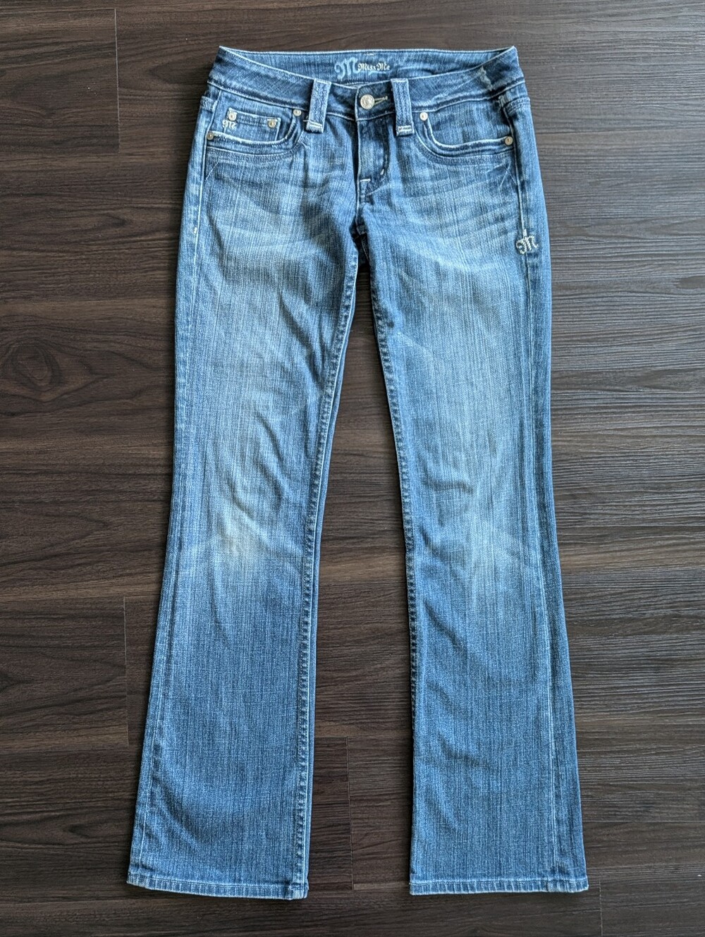 Miss Me Medium Wash Low RIse Bootcut Embroidered Jeans 28 Y2K Style Mcbling
